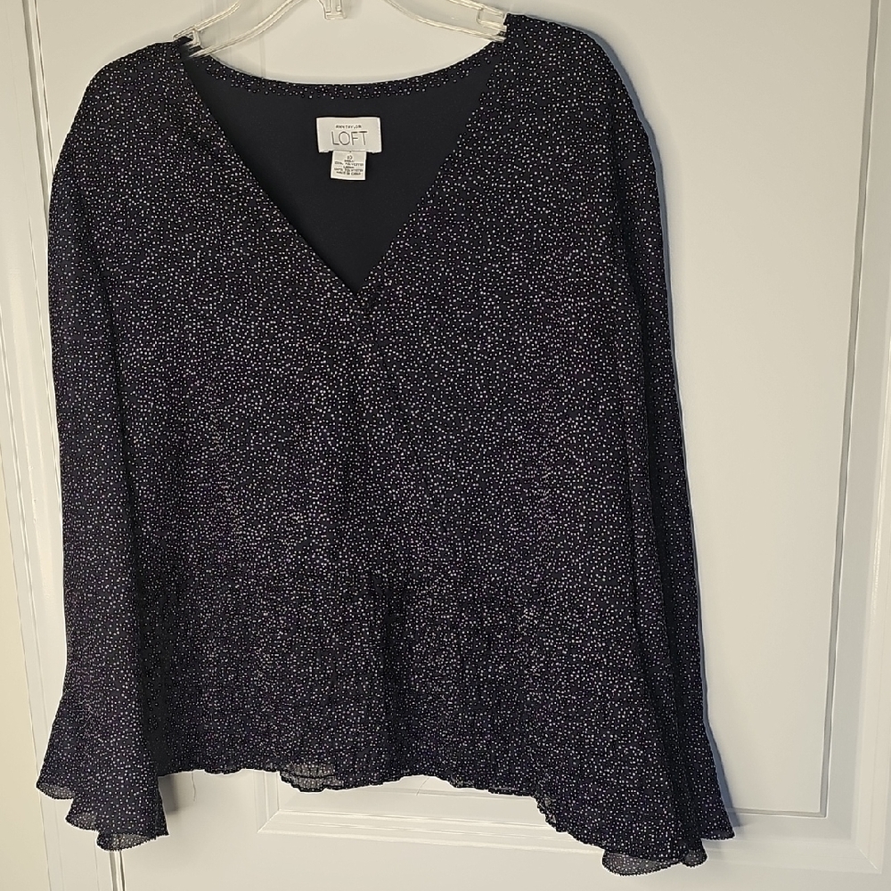 LOFT Women's Navy Dotted V-Neck Long Sleeve‎ Peplum Blouse Size 10